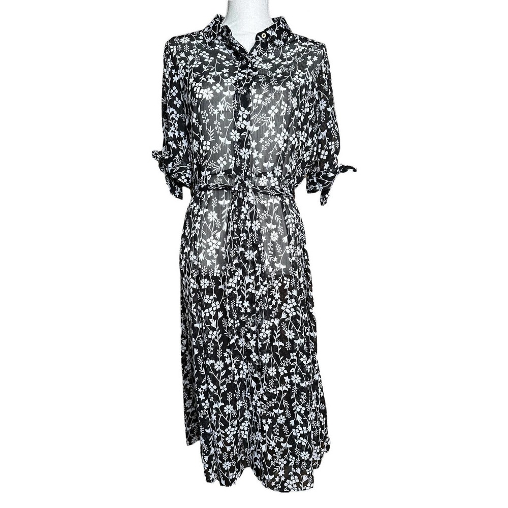 Womens Calvin Klein Black White Floral Print Sheer Dress Kaftan Swim Cover Up